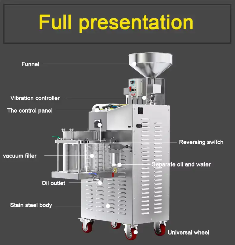 Mobile commercial fully automatic 304 stainless steel temperature-controlled screw oil press Machine Structure