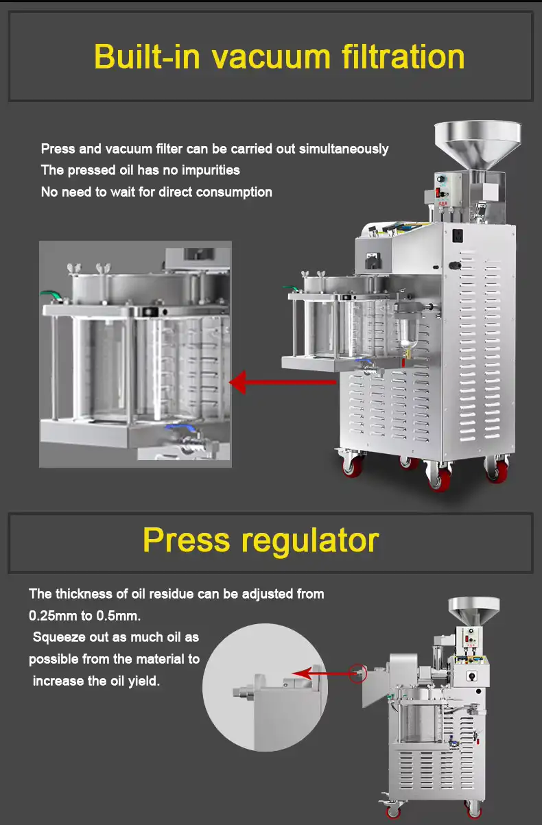 Mobile commercial fully automatic 304 stainless steel temperature-controlled screw oil press Machine introduce 8