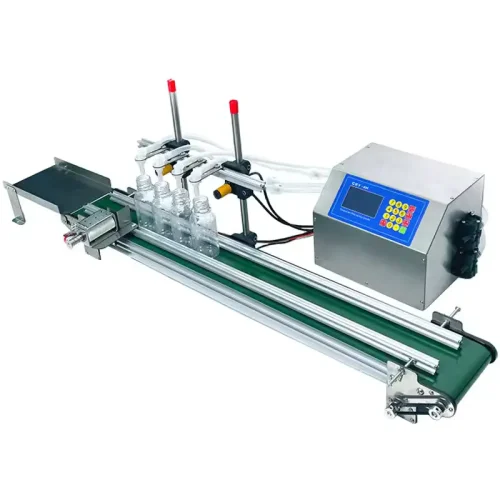 Semi-automatic four-head 10-500ml liquid weighing filling machine with conveyor (1)